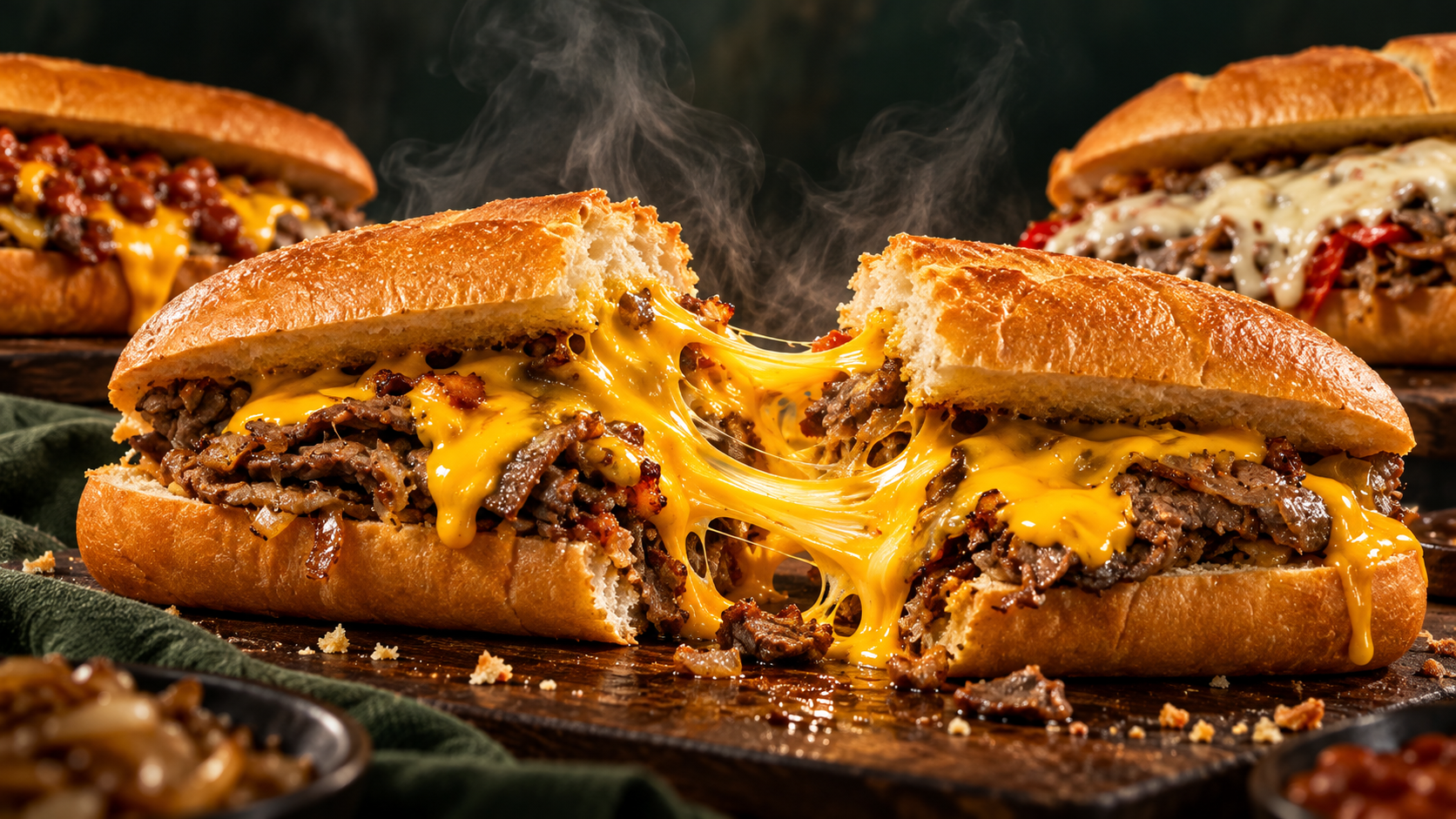Cheesesteak abierto con queso derretido y vapor
