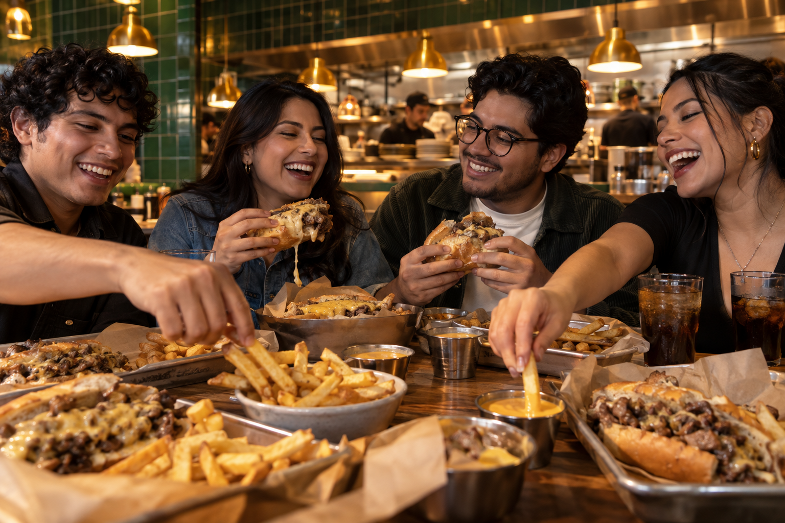 Amigos compartiendo Cheese Chomp en una mesa abundante
