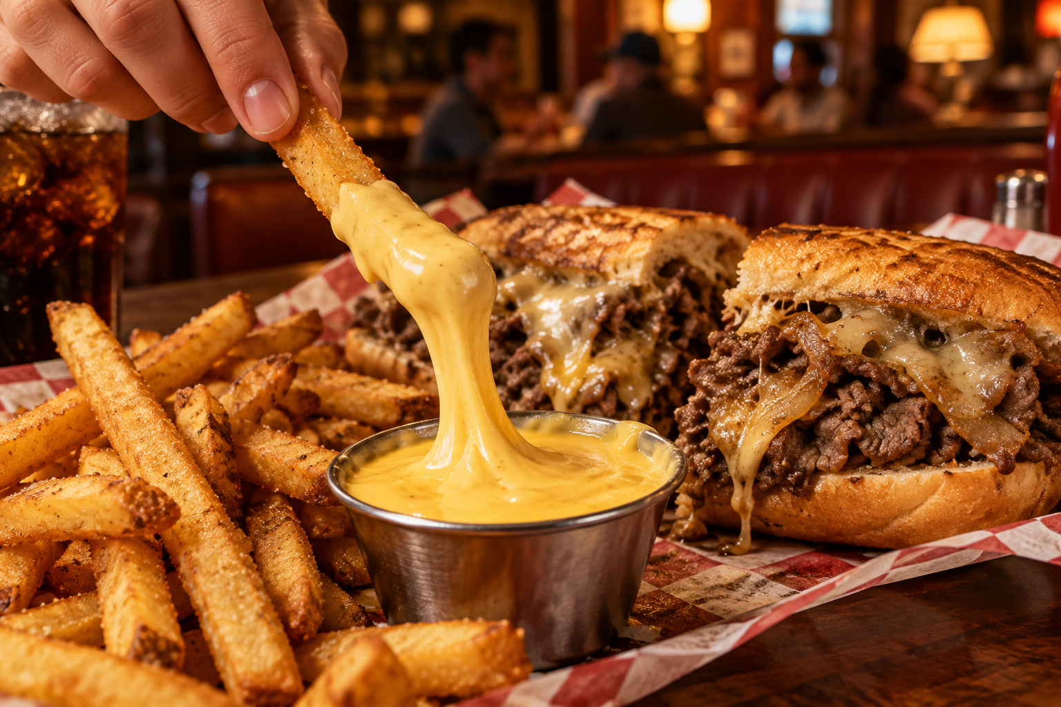 Papas siendo sumergidas en queso junto a un cheesesteak