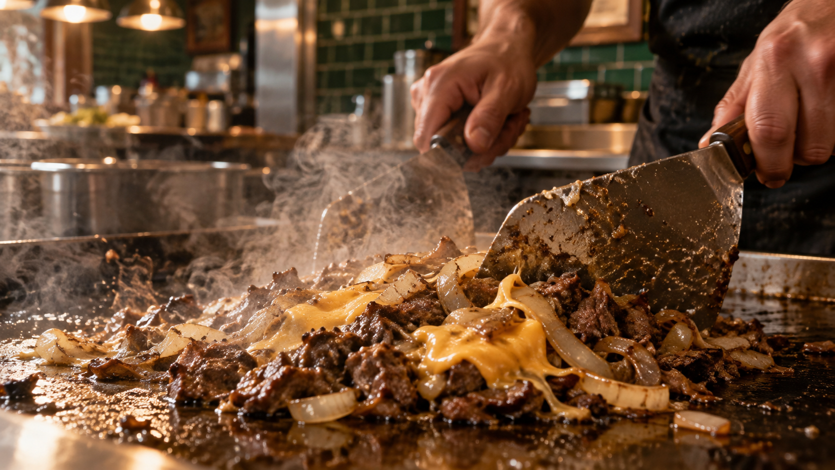 Carne, cebolla y queso preparándose sobre la plancha