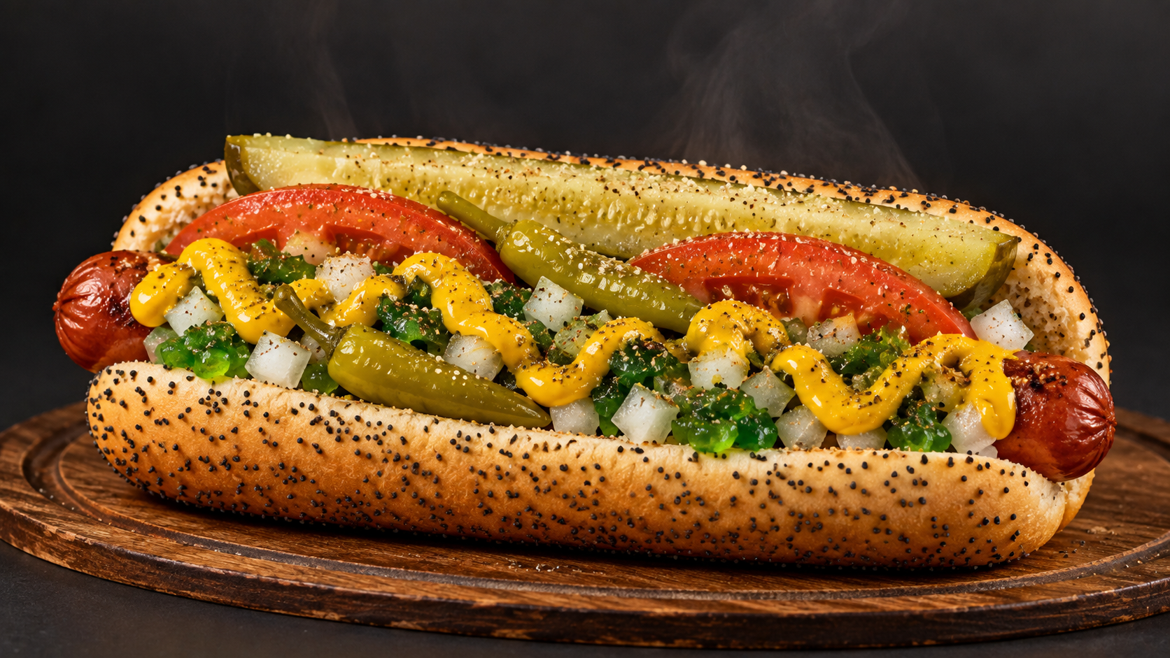 Hot dog Chicago Style con vegetales, encurtidos y mostaza