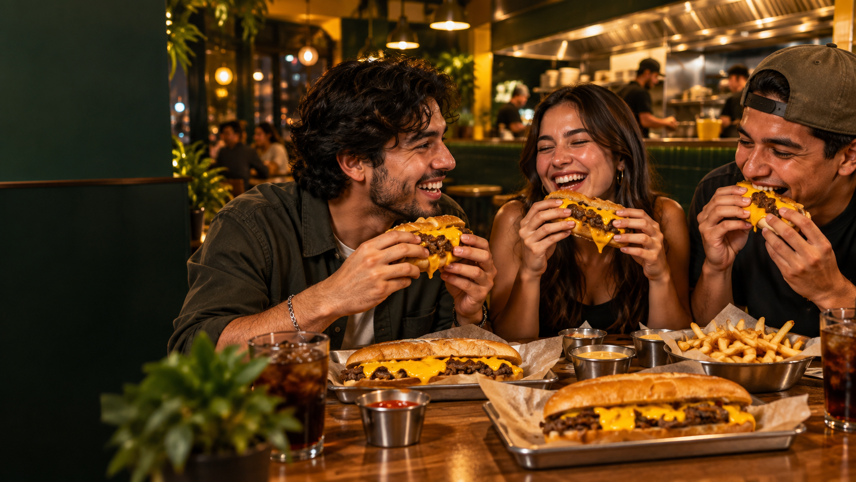 Amigos disfrutando cheesesteaks en un restaurante Cheese Chomp
